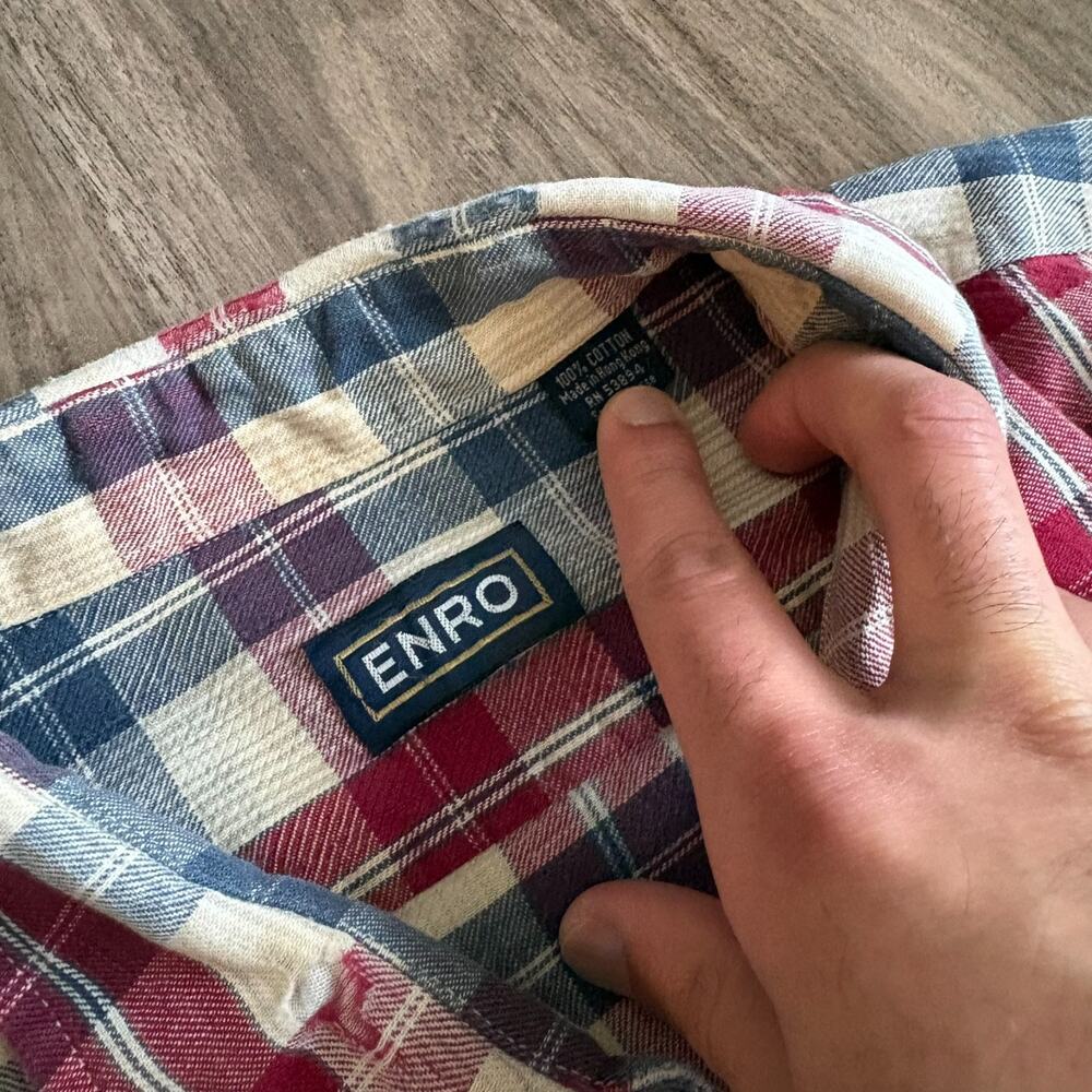 Vintage 1970s Enro Button Up Shirt Men's Size XL Plaid Striped Flannel Distress - Picture 5 of 7